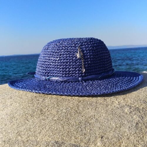 Χειροποίητο καπέλο από ραφία μπλε