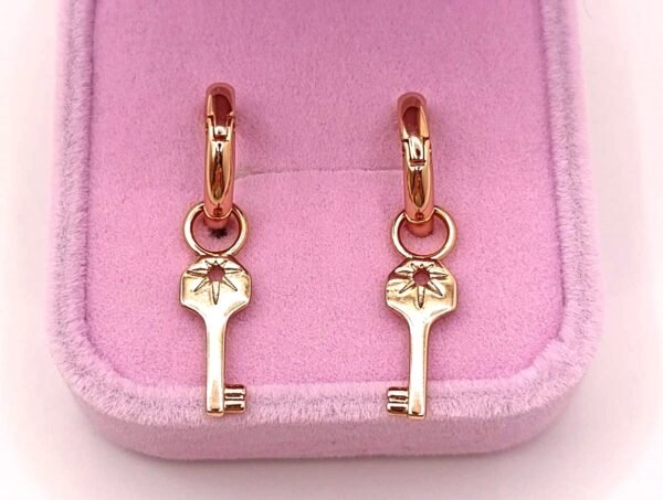 Επιχρυσωμένα Τα xuping-skoularikia-model-7 είναι χρυσά σκουλαρίκια με κρίκους και γούρια σε σχήμα αστεριού, που παρουσιάζονται σε ένα μαλακό ροζ βελούδινο δίσκο κοσμημάτων.